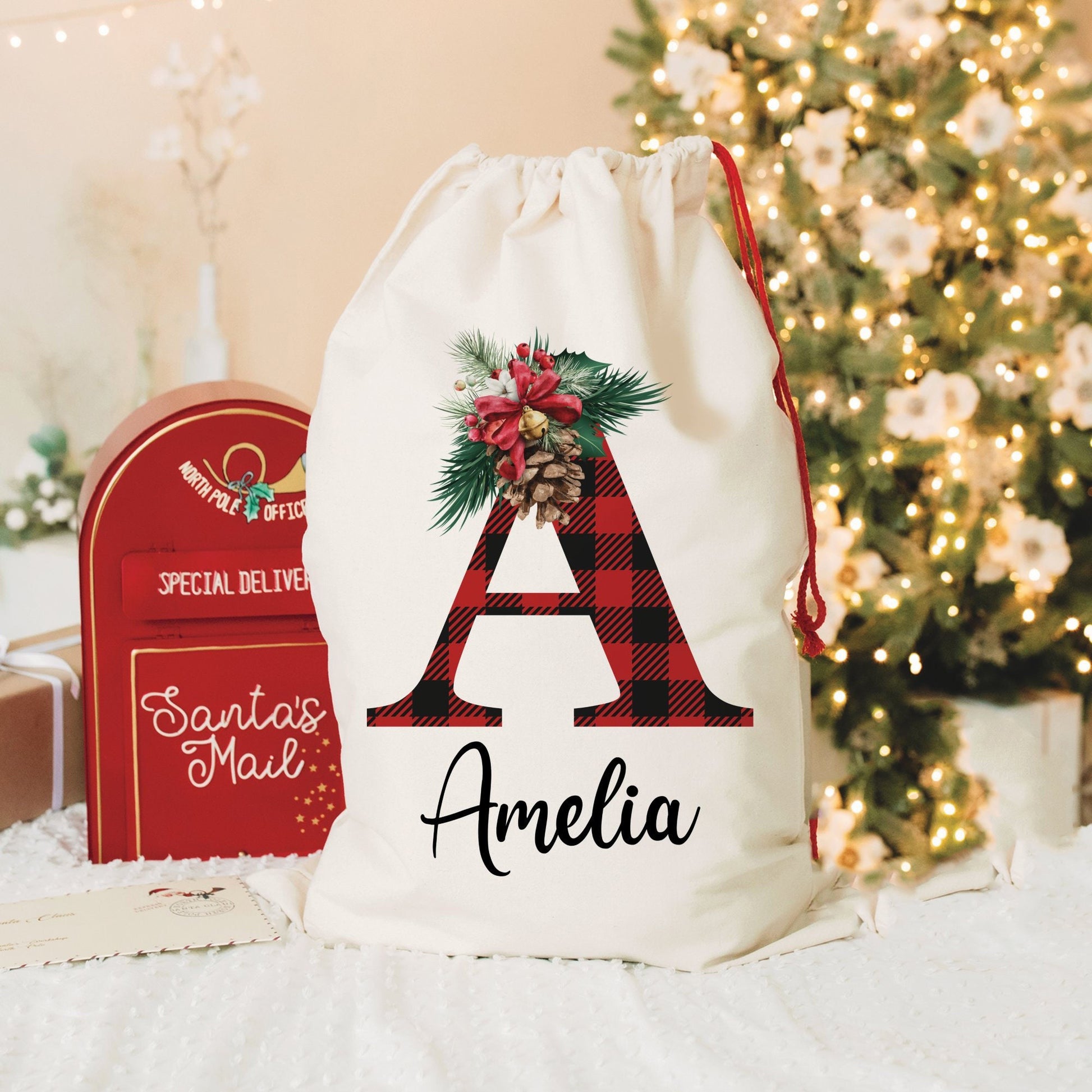 Personalized Christmas Gift Bag, Custom Santa Sack with Initial & Name, Plaid Letter Holiday Bag, Large Xmas Gift Bag for Kids & Family
