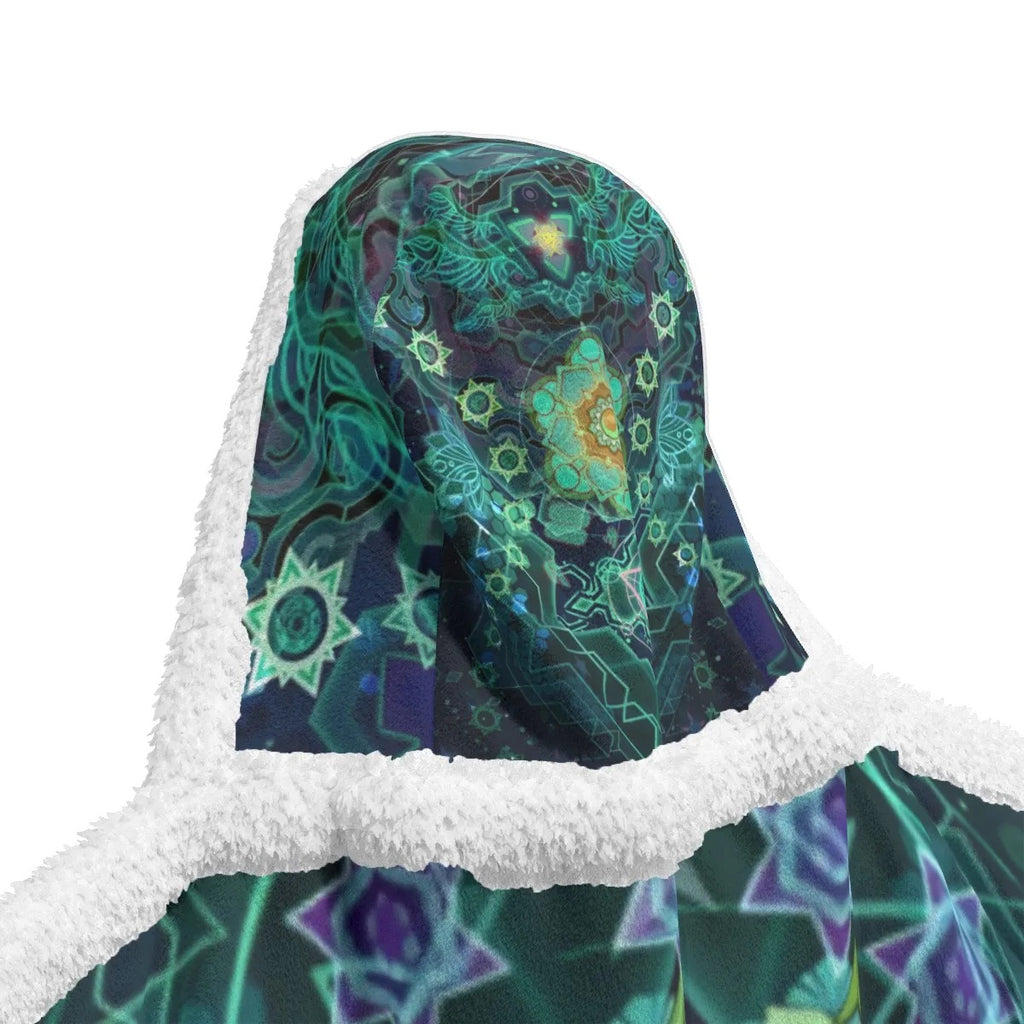 Yantric Geometry Hooded Wearable Blanket, Sacred Symmetry Sherpa Robe with Energy Pattern for Meditation & Healing, Graduation Gift, Gift for Him and Her