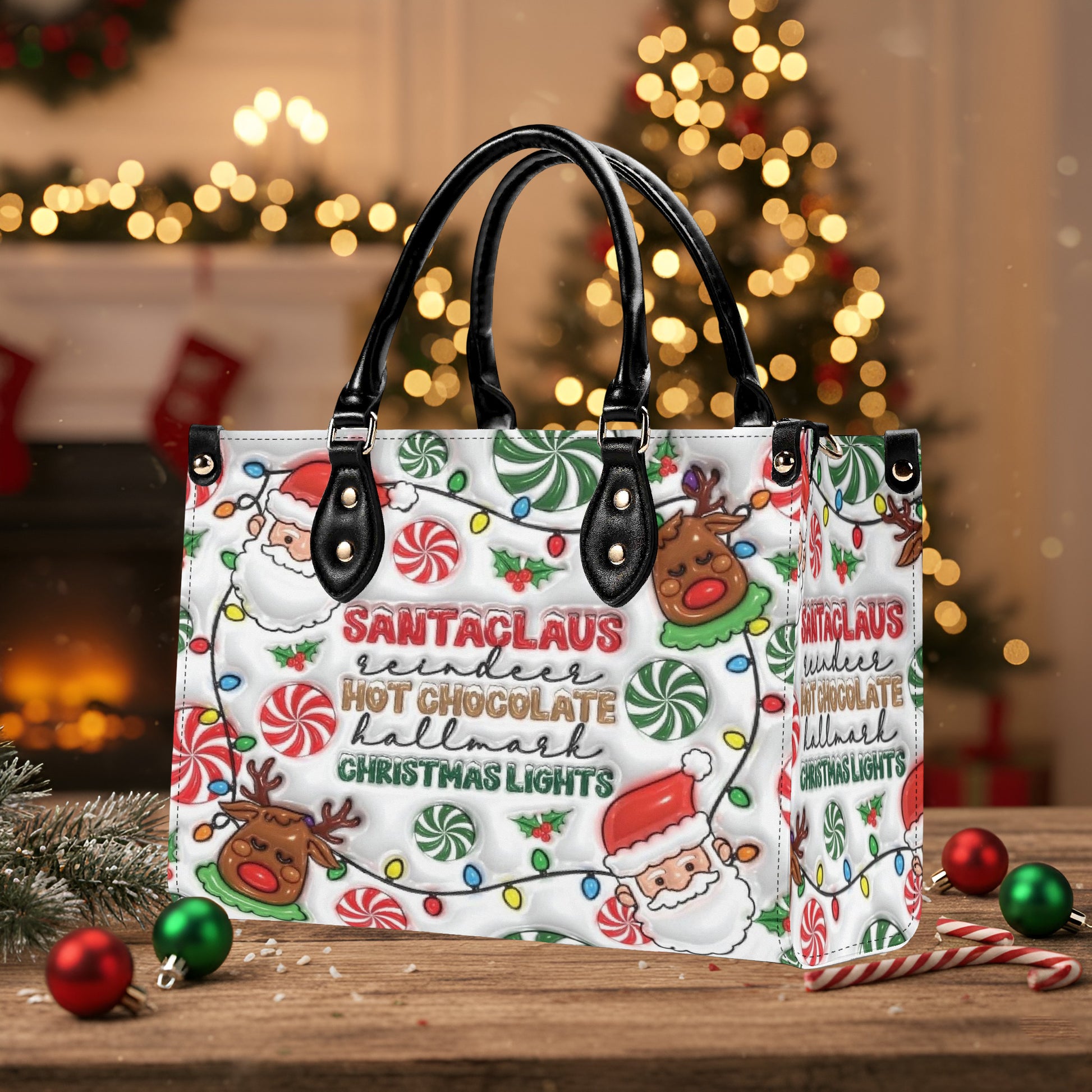 Santa Claus Reindeer Christmas Handbag, Festive Holiday Tote Bag, Cute Candy Cane Print Purse, Christmas Gift for Women