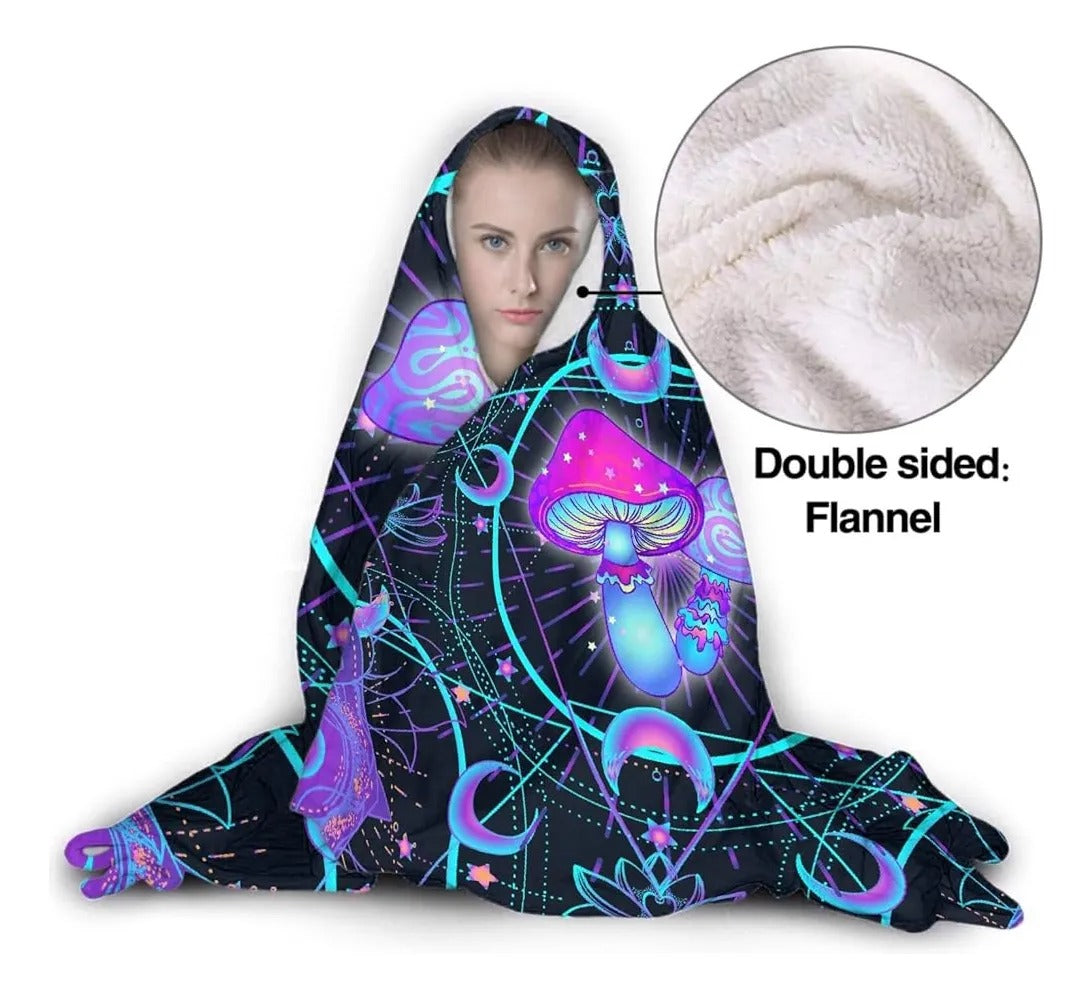 Mushroom Hooded Blanket, Magical Neon Fungi Design, Cozy Soft Warm Throw Blanket, Perfect Gift for Nature and Fantasy Lovers. BLKAC61