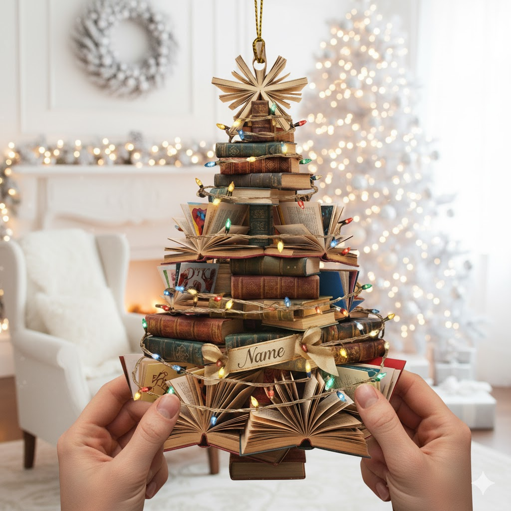 Personalized Book Christmas Tree Ornament, Custom Name Flat 2D Ornament for Book Lovers, Readers & Teachers