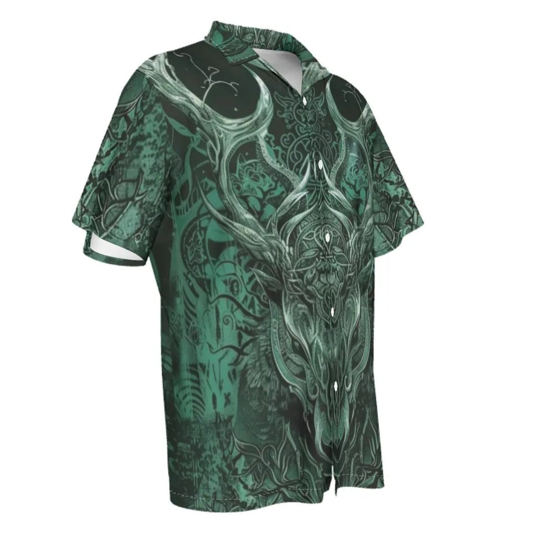 Viking Hawaiian Shirt with Antler Design, Norse Mythology Inspired Button-Up For Men, Tribal Graphic Beach Shirt, Medieval Fantasy Summer Wear