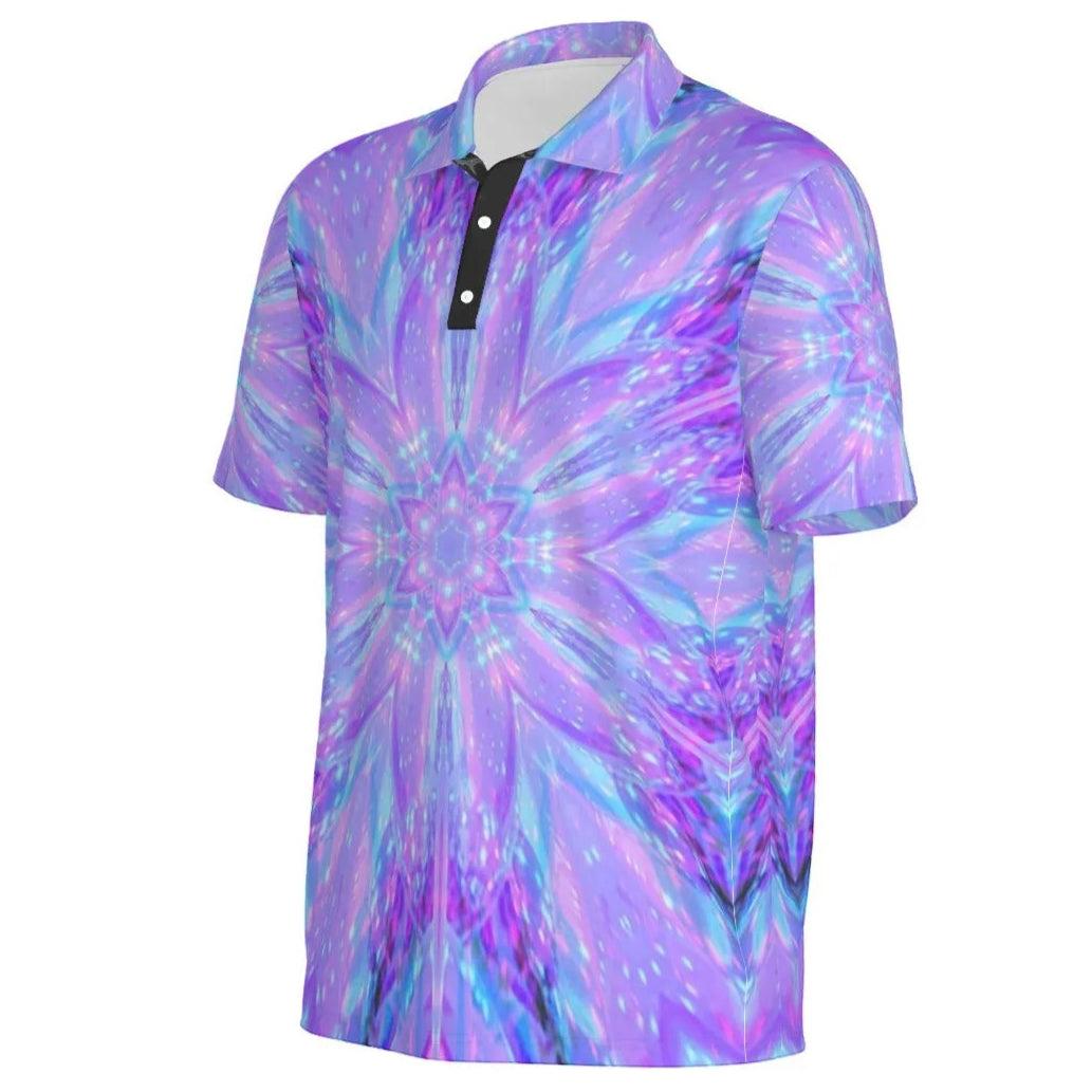 Kaleio Galaxy Men’s Polo Shirt, Trippy Cosmic Mandala Golf Polo, Holographic Space Streetwear, Psychedelic Festival Outfit