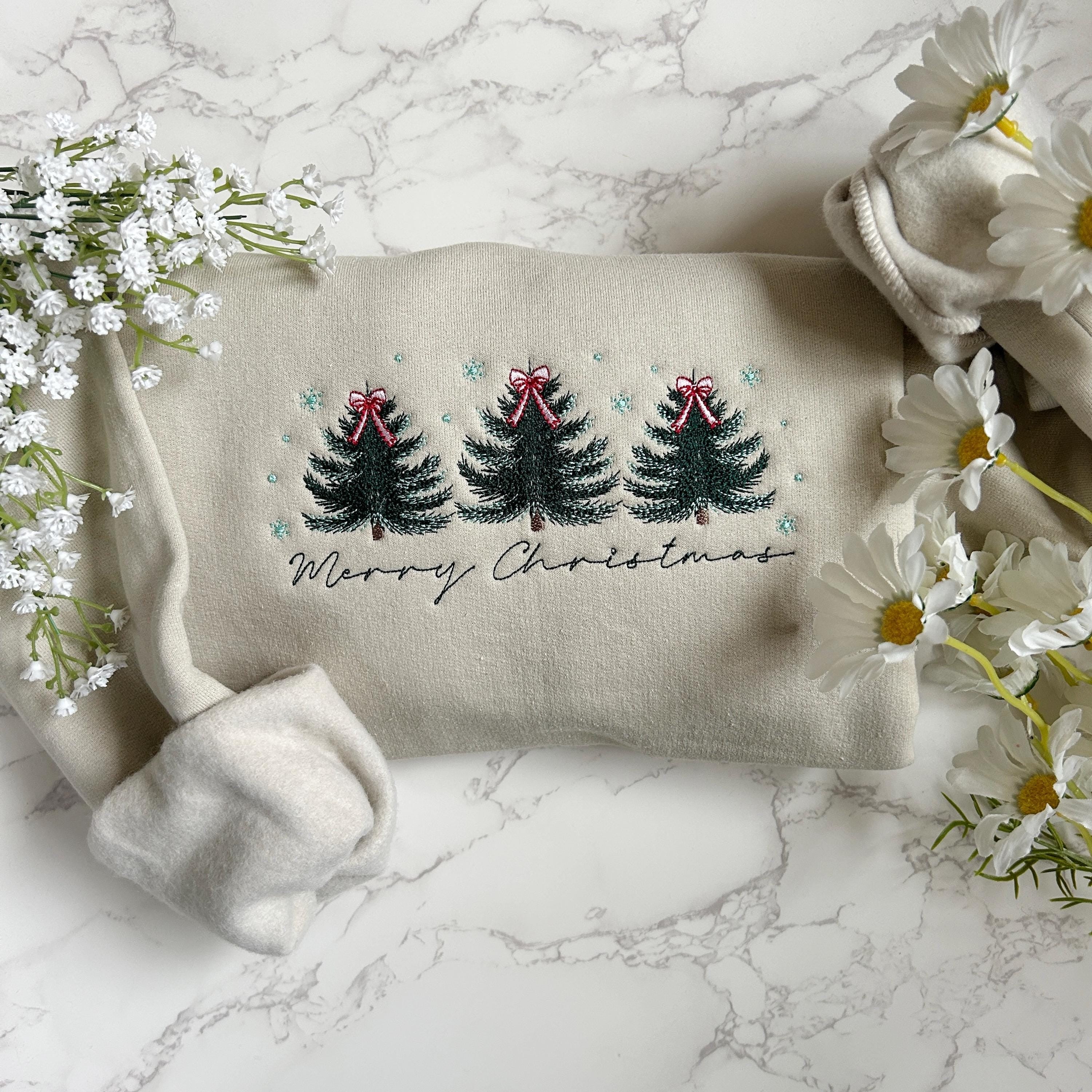 Embroidered Merry Christmas Sweatshirt, Embroidered Christmas Coquette Crewneck Sweatshirt, Embroidered Xmas Tree Sweater, Custom Xmas Gift EBAC56