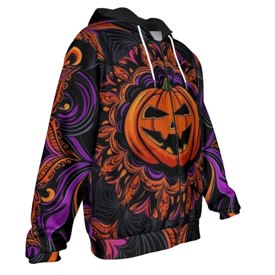 Pumpkin Mandala Magic Zip Hoodie, Halloween Jack-o’-Lantern Jacket, Spooky Mandala Art Outerwear, Fall Gothic Style