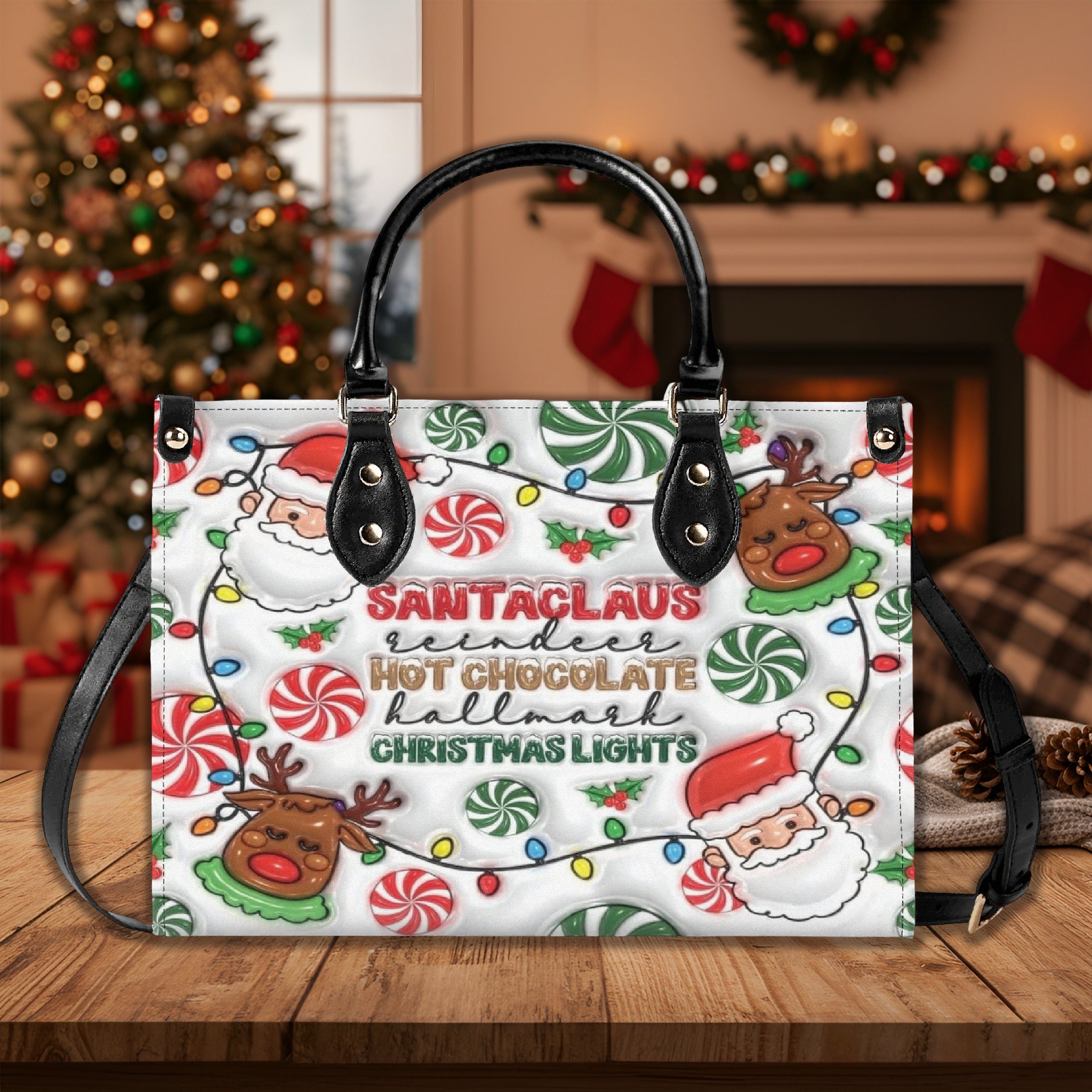 Santa Claus Reindeer Christmas Handbag, Festive Holiday Tote Bag, Cute Candy Cane Print Purse, Christmas Gift for Women