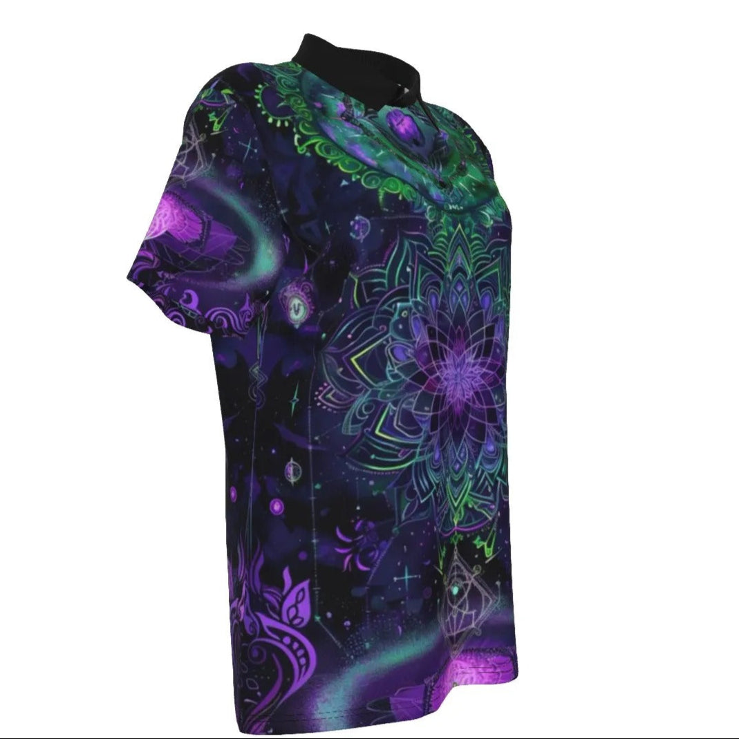 Women’s Mystic Aesthetic Polo Shirt, Psychedelic Print, Mandala Art, Festival Clothing, Vibrant Colors, Spiritual Style, Boho Fashion, Short Sleeve Top