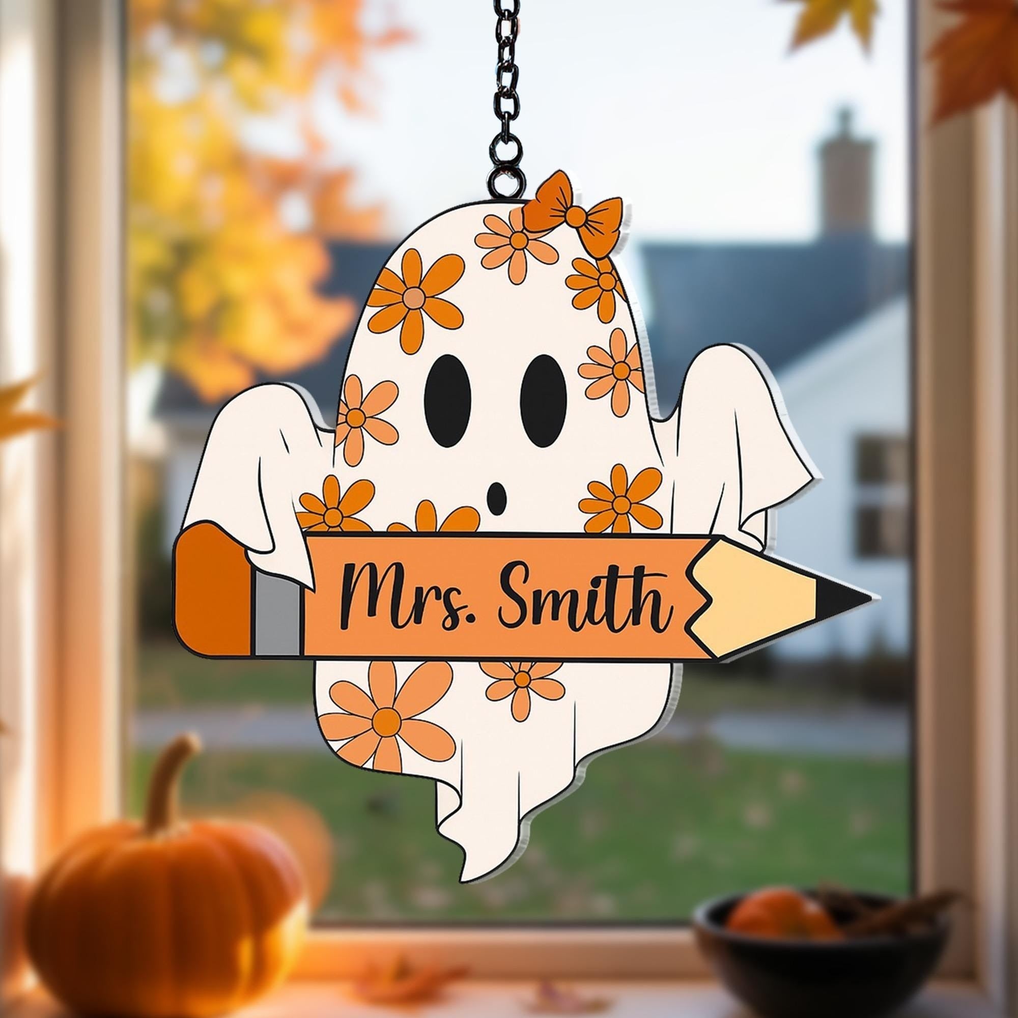 Personalized Halloween Ghost Teacher Suncatcher with Pencil and Daisy Floral Design for Fall Classroom Window Decor