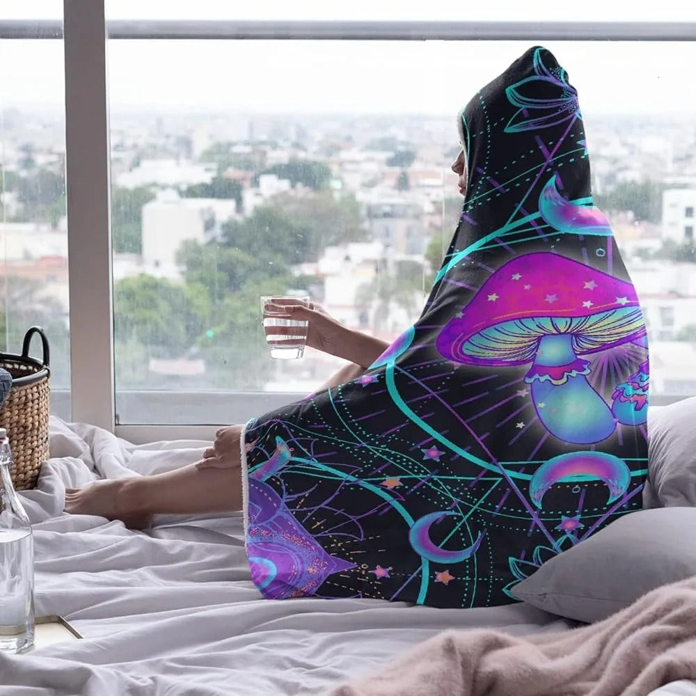 Mushroom Hooded Blanket, Magical Neon Fungi Design, Cozy Soft Warm Throw Blanket, Perfect Gift for Nature and Fantasy Lovers. BLKAC61