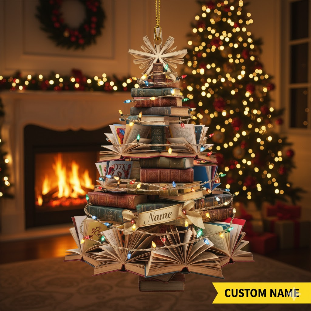 Personalized Book Christmas Tree Ornament, Custom Name Flat 2D Ornament for Book Lovers, Readers & Teachers