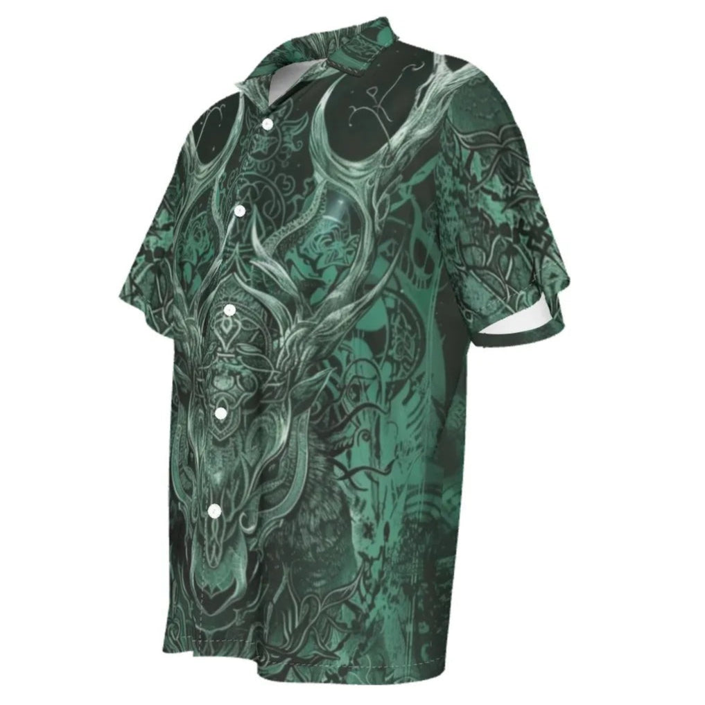 Viking Hawaiian Shirt with Antler Design, Norse Mythology Inspired Button-Up For Men, Tribal Graphic Beach Shirt, Medieval Fantasy Summer Wear