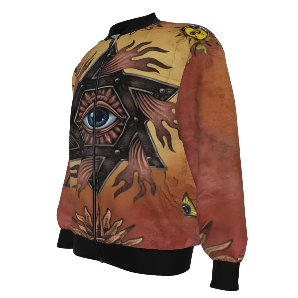 Mystic Eye Mandala Bomber Jacket, Sacred Geometry Zip-Up Streetwear, Visionary Art Esoteric Outerwear, Spiritual Psychedelic Fashion for Men & Women