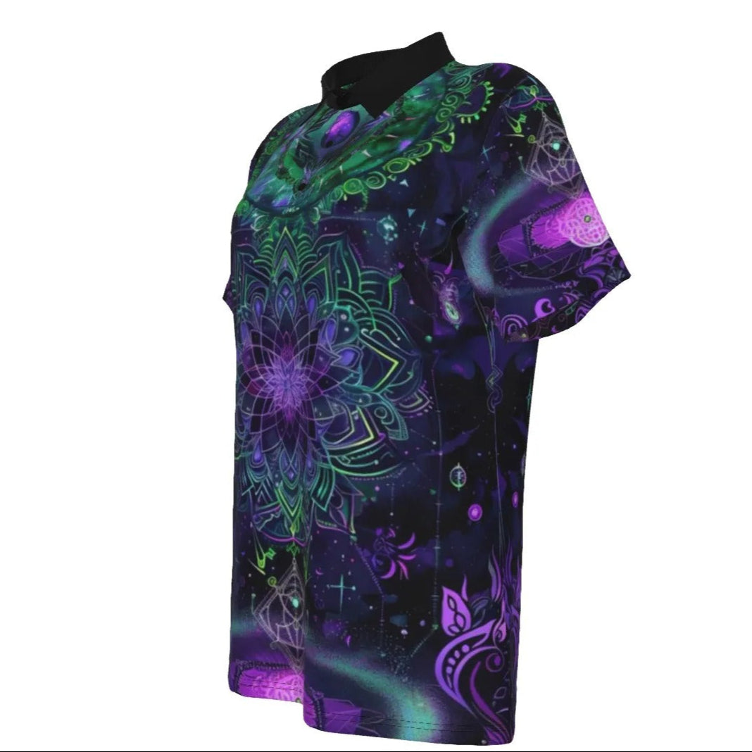 Women’s Mystic Aesthetic Polo Shirt, Psychedelic Print, Mandala Art, Festival Clothing, Vibrant Colors, Spiritual Style, Boho Fashion, Short Sleeve Top