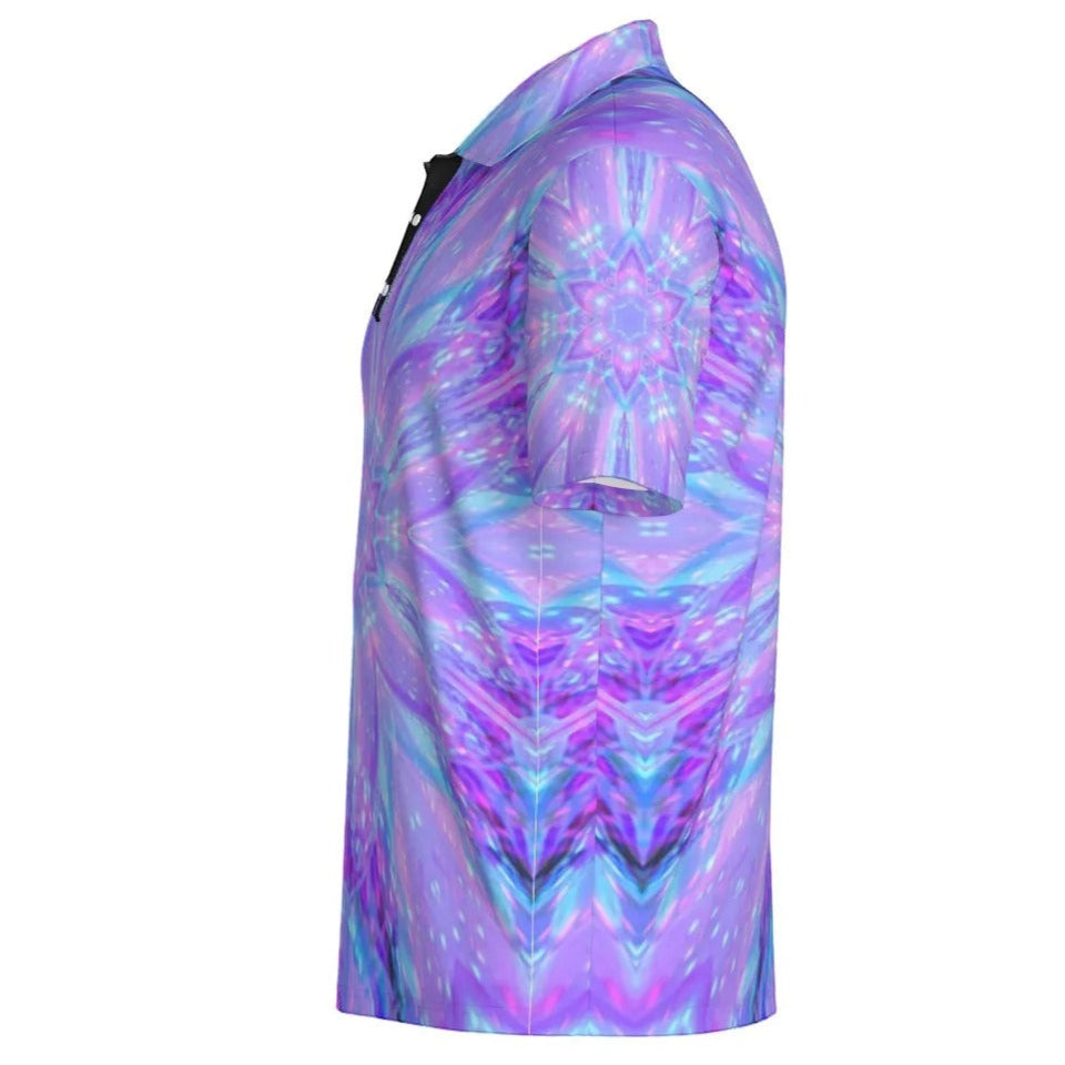 Kaleio Galaxy Men’s Polo Shirt, Trippy Cosmic Mandala Golf Polo, Holographic Space Streetwear, Psychedelic Festival Outfit