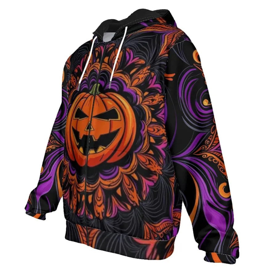 Pumpkin Mandala Magic Zip Hoodie, Halloween Jack-o’-Lantern Essentials Hoodie, Spooky Mandala Art Outerwear, Halloween Costume Ideas