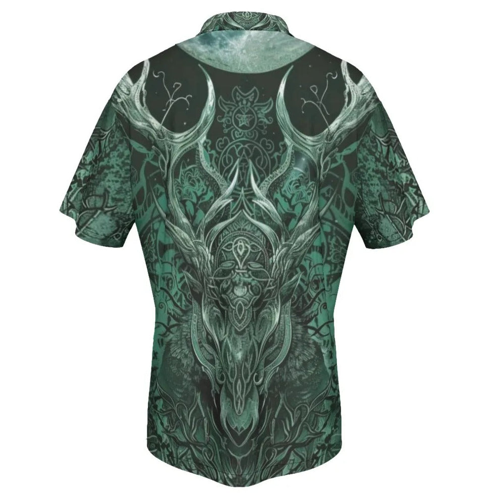 Viking Hawaiian Shirt with Antler Design, Norse Mythology Inspired Button-Up For Men, Tribal Graphic Beach Shirt, Medieval Fantasy Summer Wear