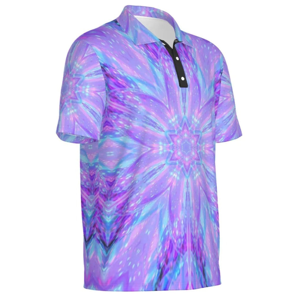 Kaleio Galaxy Men’s Polo Shirt, Trippy Cosmic Mandala Golf Polo, Holographic Space Streetwear, Psychedelic Festival Outfit