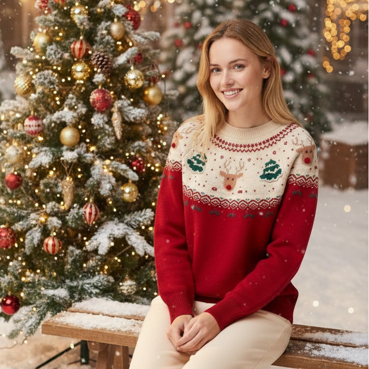Ugly Christmas Sweater Women, Red Reindeer Knit Pullover, Festive Holiday Winter Outfit, Cute Xmas Jumper Gift