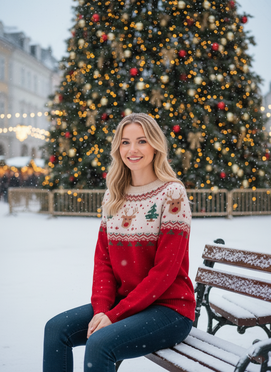 Ugly Christmas Sweater Women, Red Reindeer Knit Pullover, Festive Holiday Winter Outfit, Cute Xmas Jumper Gift