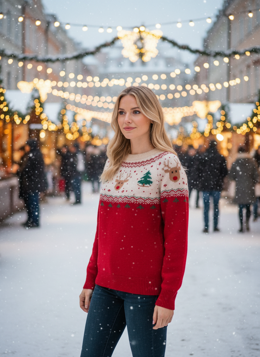 Ugly Christmas Sweater Women, Red Reindeer Knit Pullover, Festive Holiday Winter Outfit, Cute Xmas Jumper Gift