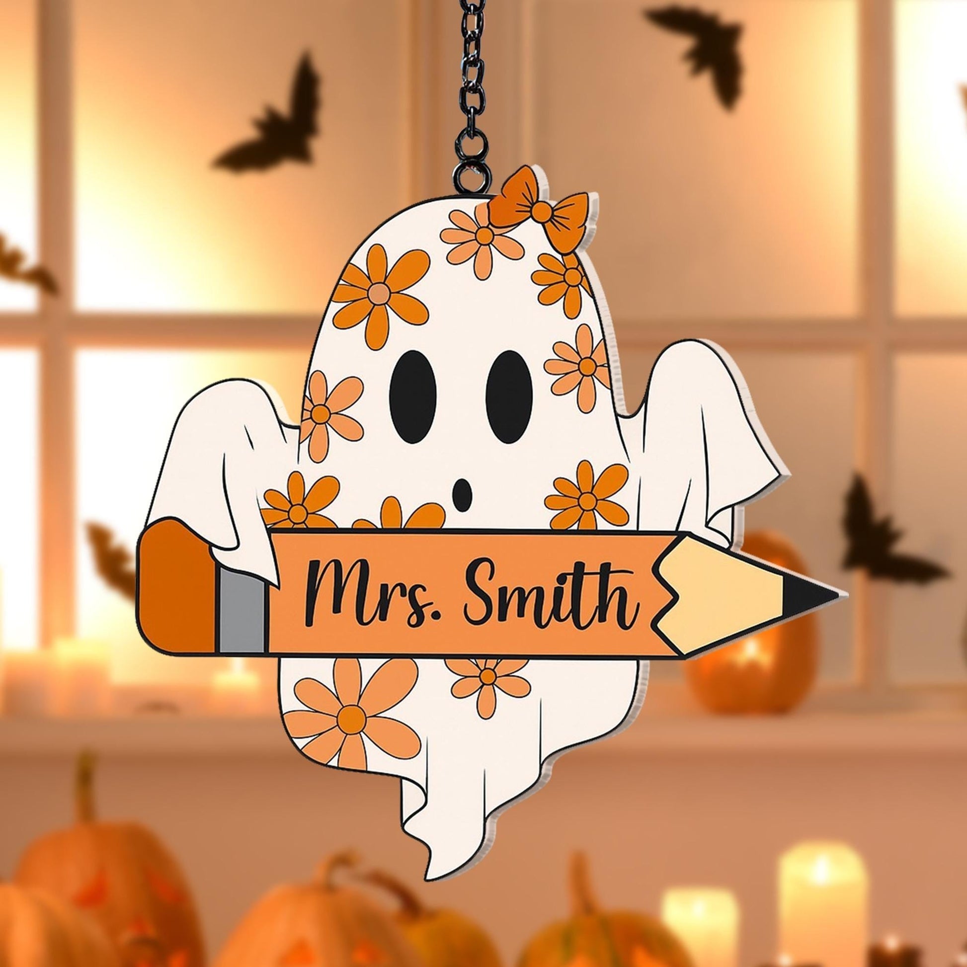 Personalized Halloween Ghost Teacher Suncatcher with Pencil and Daisy Floral Design for Fall Classroom Window Decor