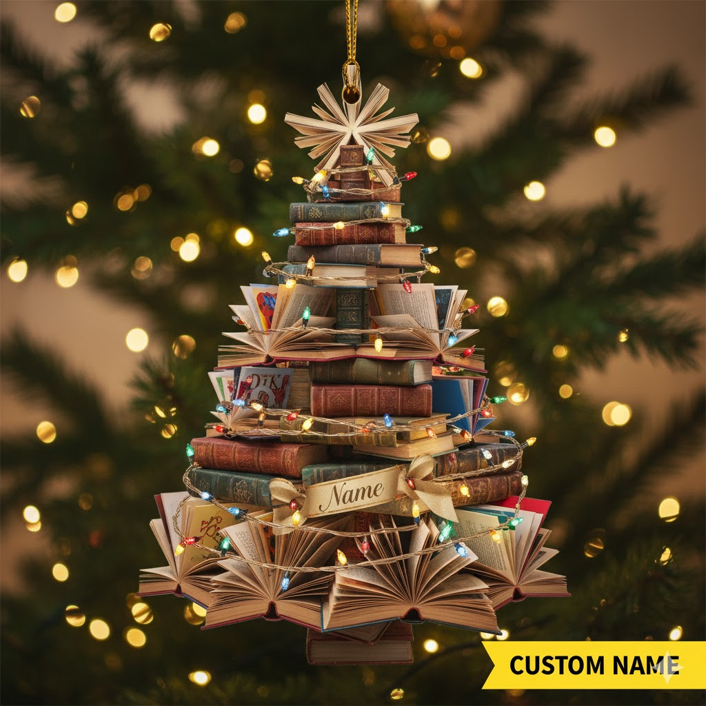 Personalized Book Christmas Tree Ornament, Custom Name Flat 2D Ornament for Book Lovers, Readers & Teachers