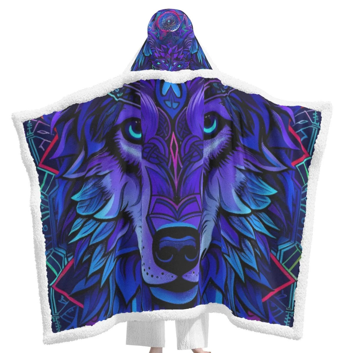 Mandala Wolf Wearable Hooded, Wearable Sherpa Fleece Robe for Adults, Cozy Tribal Animal Design, Graduation Gift, Gift for Him and Her