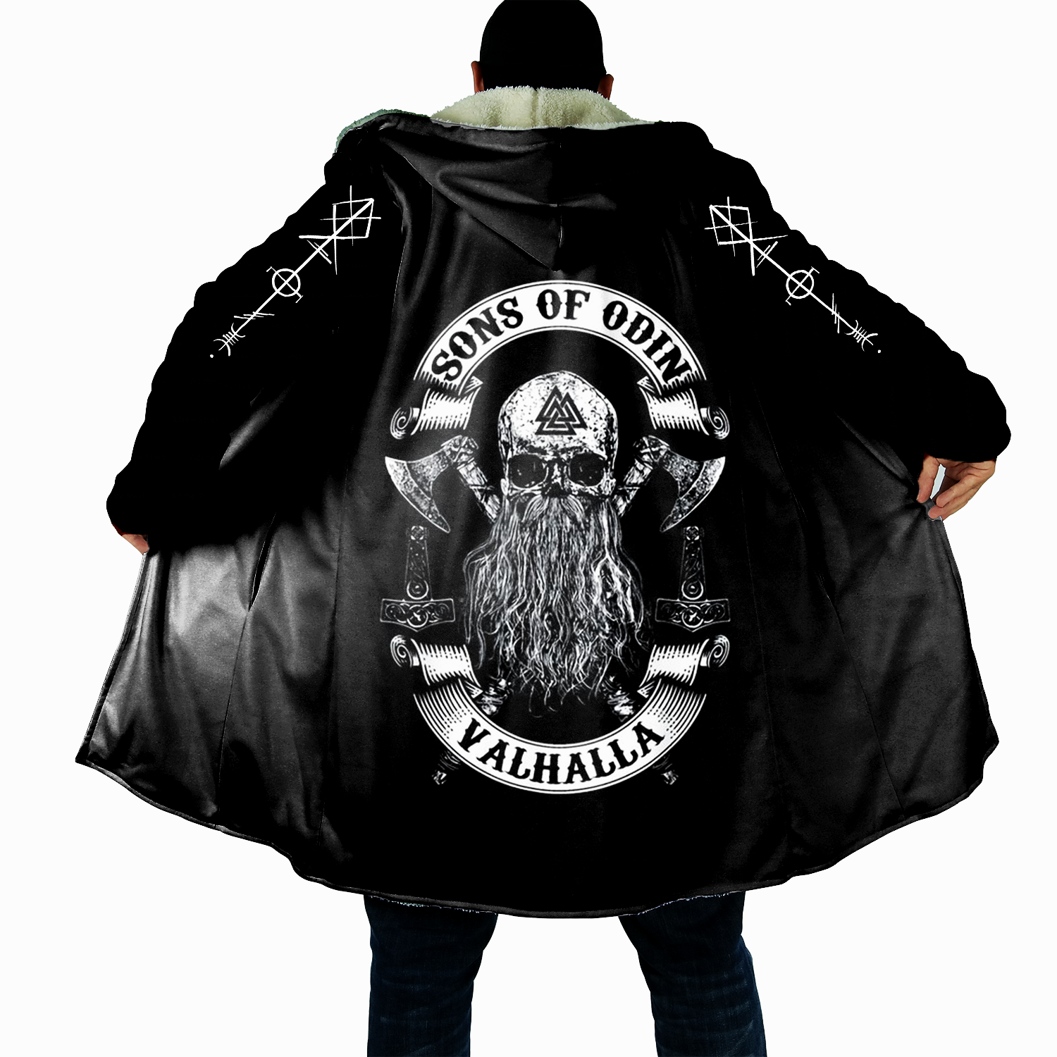 Sons of Odin Viking Cloak, Valhalla Norse Skull Sherpa Hoodie, Viking Warrior Hooded Cape, Norse Mythology Fleece Robe for Men