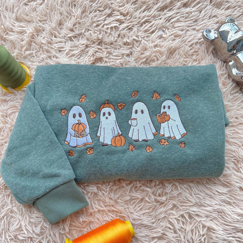 Embroidered Spooky Fall Sweatshirt, Vintage Halloween Pumpkin Spooky Season Sweater, Ghost And Pumpkin T-shirt, Halloween Gifts EBAC11