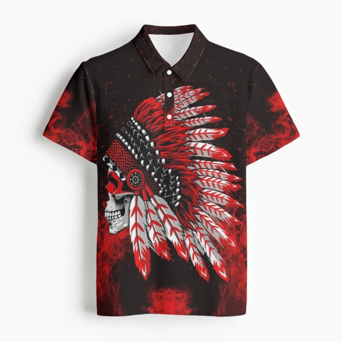 Native American Skull Men’s Polo, Red Feather Headdress Shirt, Tribal Gothic Polo, Red Smoke Graphic Top, Warrior Biker Style