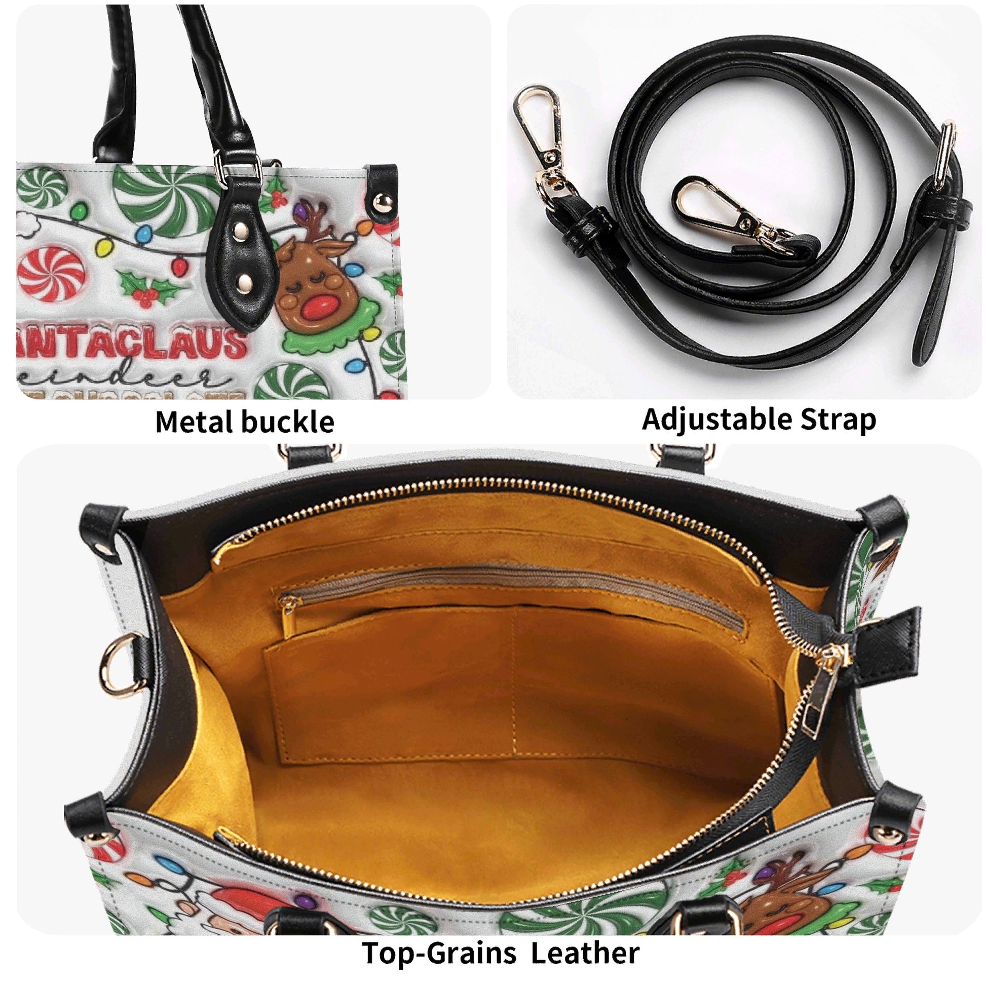 Santa Claus Reindeer Christmas Handbag, Festive Holiday Tote Bag, Cute Candy Cane Print Purse, Christmas Gift for Women