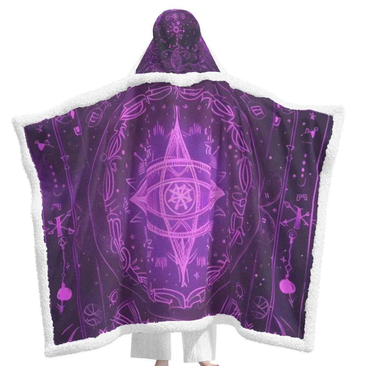 Mystical Fantasy Wearable Hooded Blanket, Purple Sorcery Design with Magic Symbols, Cozy Sherpa Cloak for Dreamers, Graduation Gift, Gift for Him and Her