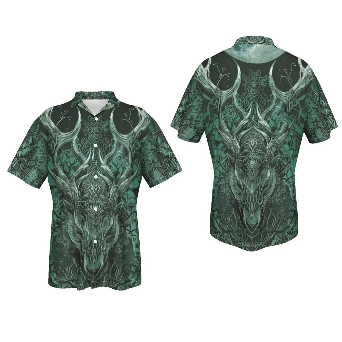 Viking Hawaiian Shirt with Antler Design, Norse Mythology Inspired Button-Up For Men, Tribal Graphic Beach Shirt, Medieval Fantasy Summer Wear