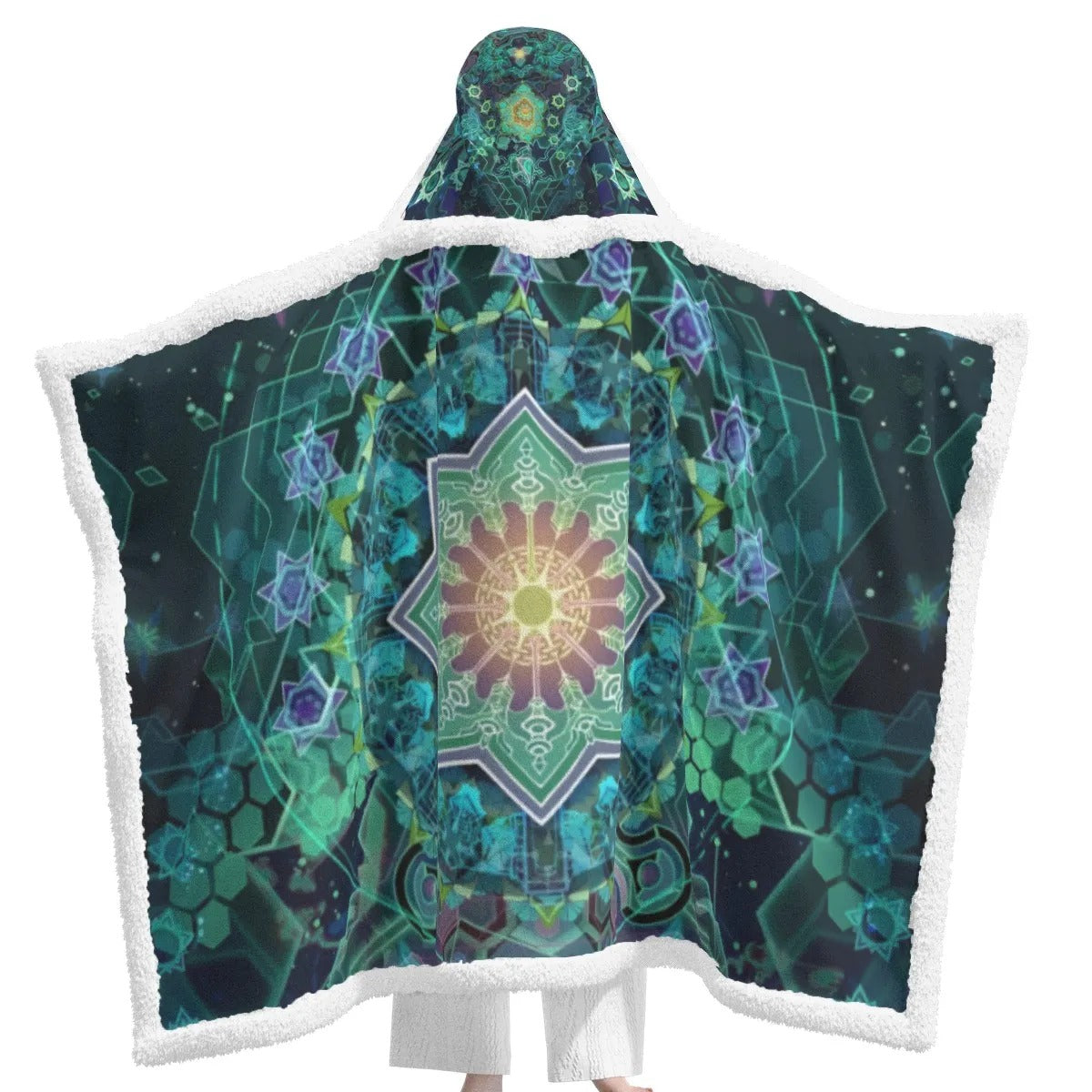 Yantric Geometry Hooded Wearable Blanket, Sacred Symmetry Sherpa Robe with Energy Pattern for Meditation & Healing, Graduation Gift, Gift for Him and Her