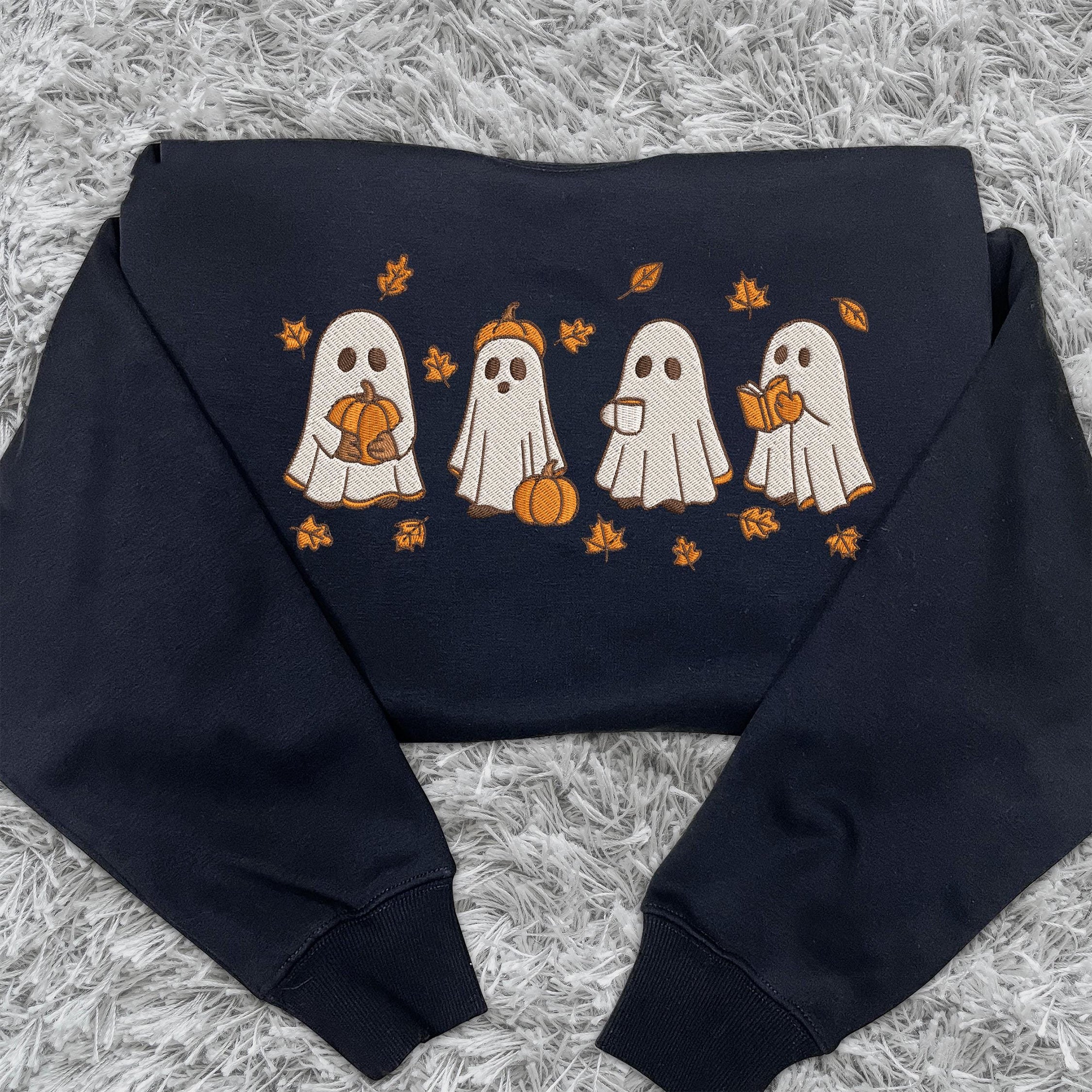 Embroidered Spooky Fall Sweatshirt, Vintage Halloween Pumpkin Spooky Season Sweater, Ghost And Pumpkin T-shirt, Halloween Gifts EBAC11