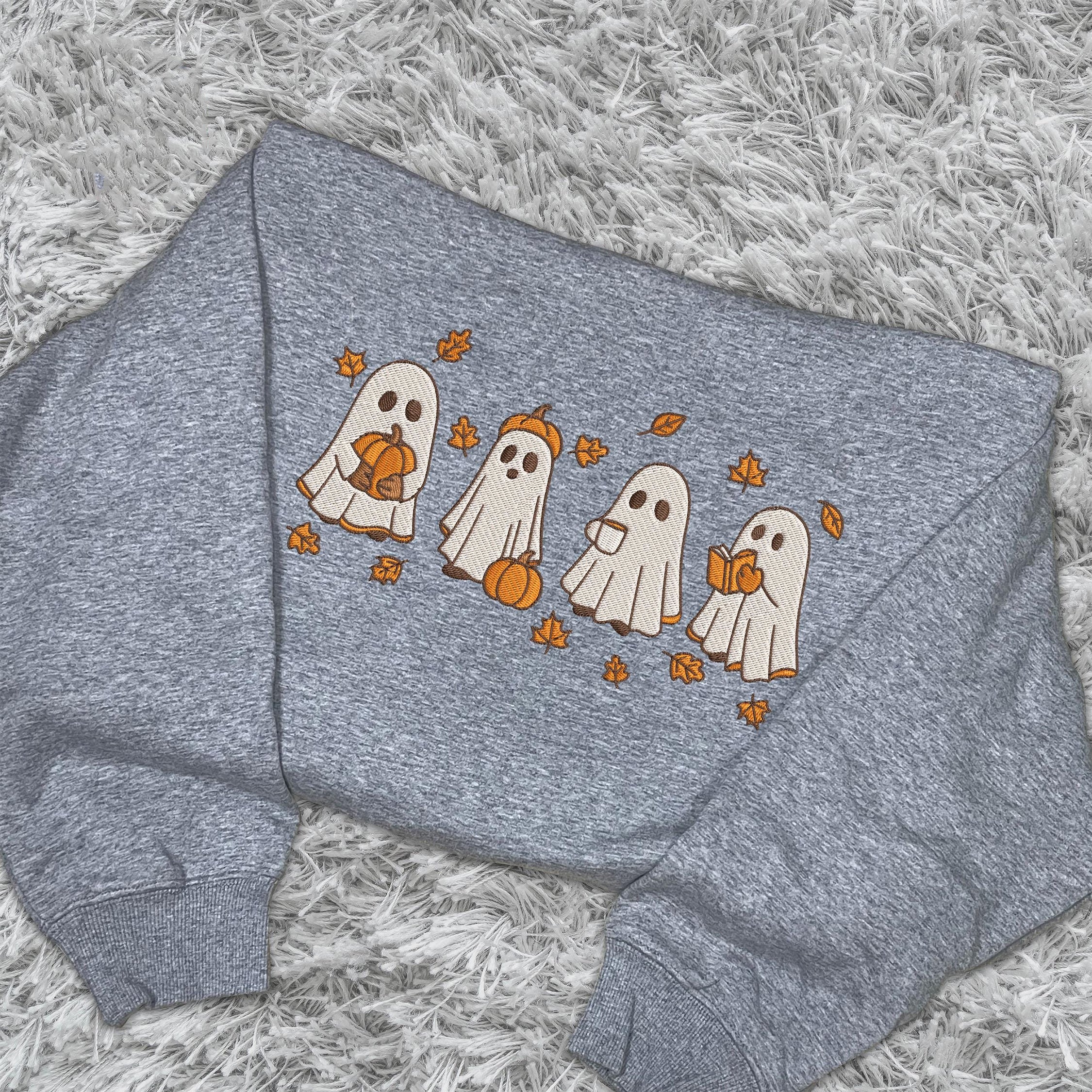 Embroidered Spooky Fall Sweatshirt, Vintage Halloween Pumpkin Spooky Season Sweater, Ghost And Pumpkin T-shirt, Halloween Gifts EBAC11