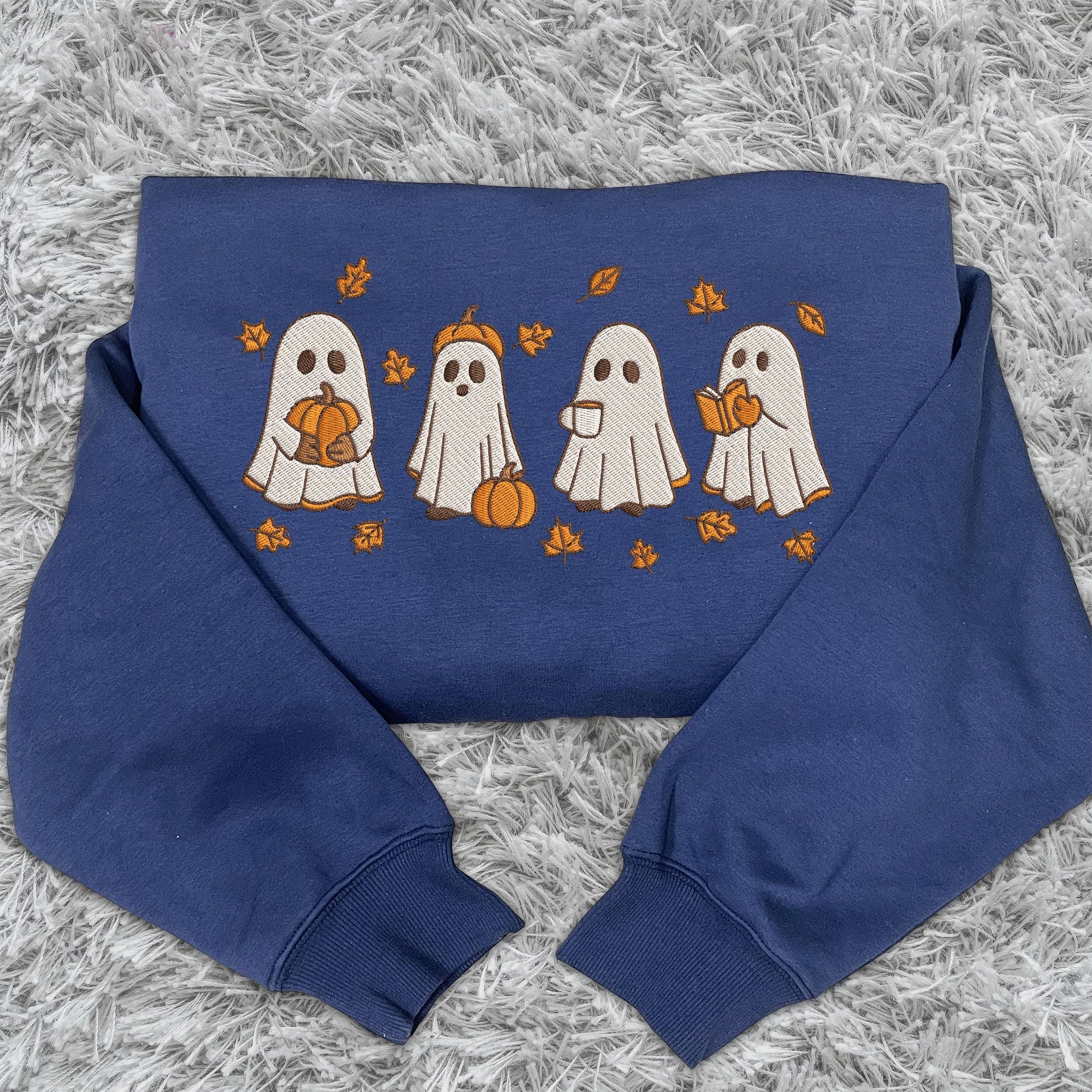 Embroidered Spooky Fall Sweatshirt, Vintage Halloween Pumpkin Spooky Season Sweater, Ghost And Pumpkin T-shirt, Halloween Gifts EBAC11