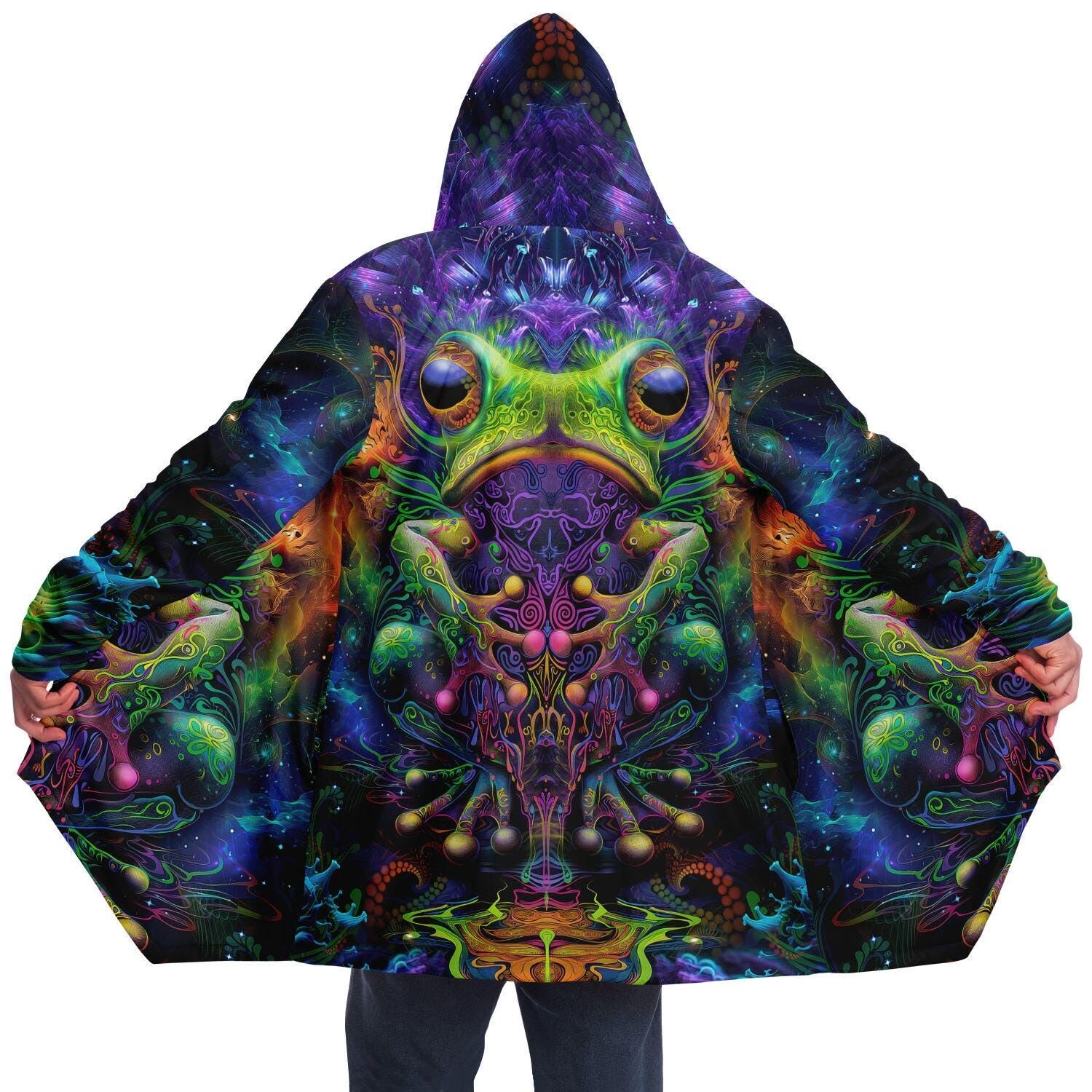 Frog Art HOODED CLOAK, Visionary Art, Psychedelic Cape, Vibrant Rave Jacket, Colorful Festival Coat, Unique Fractal Outerwear for Festivals