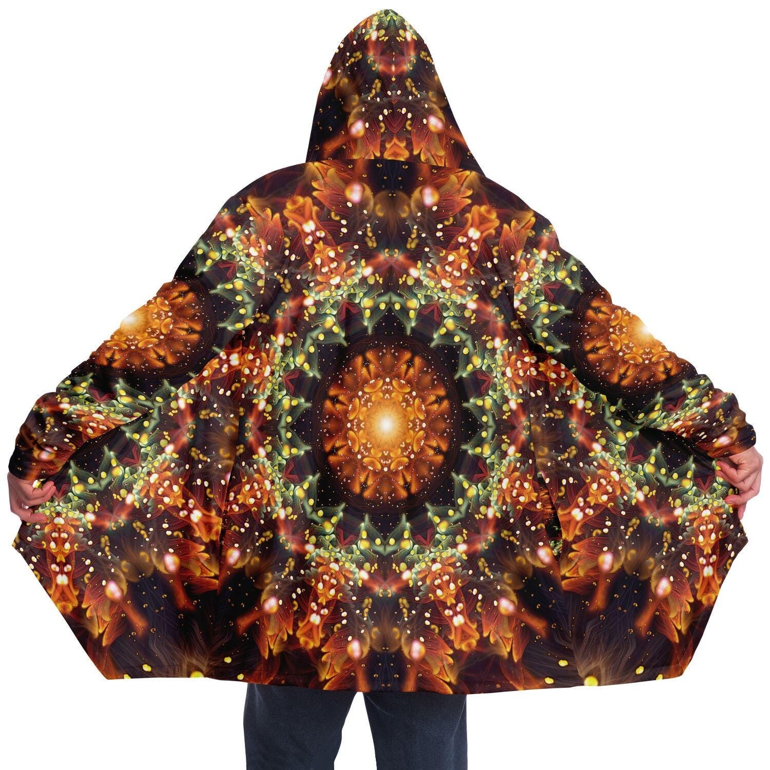 Trippy Fractal Mandala HOODED CLOAK, Psychedelic Festival Hoodie, Vibrant Rave Jacket, Colorful Festival Coat, Wizard Robe, Witch Cape