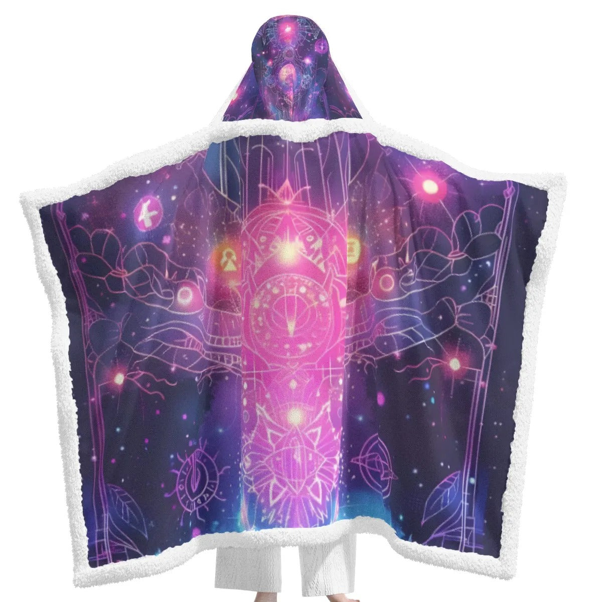 Cosmic Mysticism Wearable Hooded Blanket, Celestial Robe with Galaxy Symbols for Spiritual Comfort, Graduation Gift, Gift for Him and Her