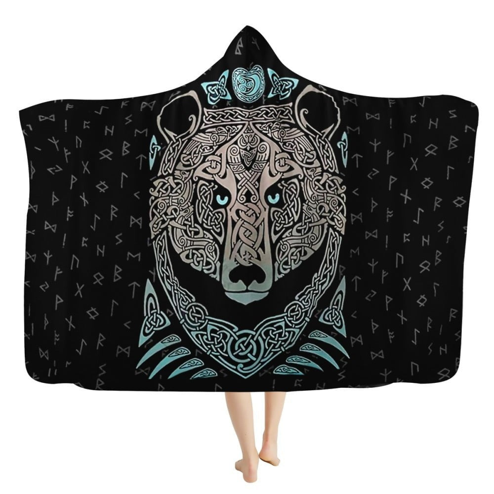 Viking Hooded Blanket with Norse Rune Bear Design, Celtic Knot Fleece Sherpa Throw, Nordic Warrior Cloak Cape for Men Women, Mythology Gift Idea. BLKAC37