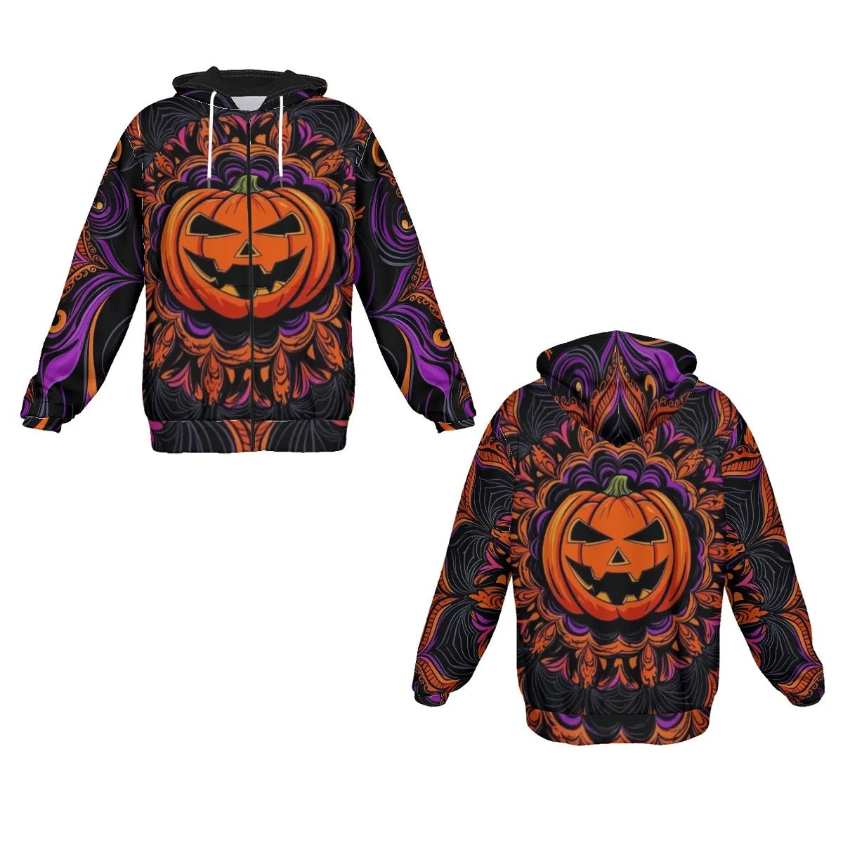 Pumpkin Mandala Magic Zip Hoodie, Halloween Jack-o’-Lantern Essentials Hoodie, Spooky Mandala Art Outerwear, Halloween Costume Ideas