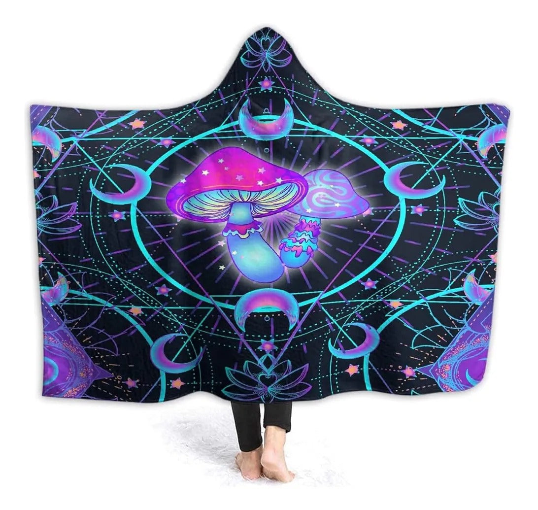 Mushroom Hooded Blanket, Magical Neon Fungi Design, Cozy Soft Warm Throw Blanket, Perfect Gift for Nature and Fantasy Lovers. BLKAC61