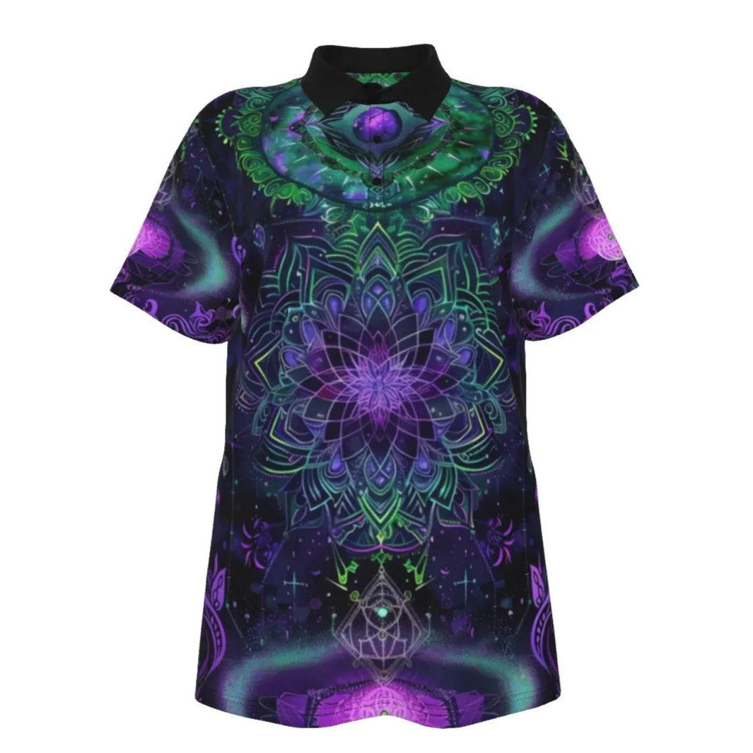 Women’s Mystic Aesthetic Polo Shirt, Psychedelic Print, Mandala Art, Festival Clothing, Vibrant Colors, Spiritual Style, Boho Fashion, Short Sleeve Top