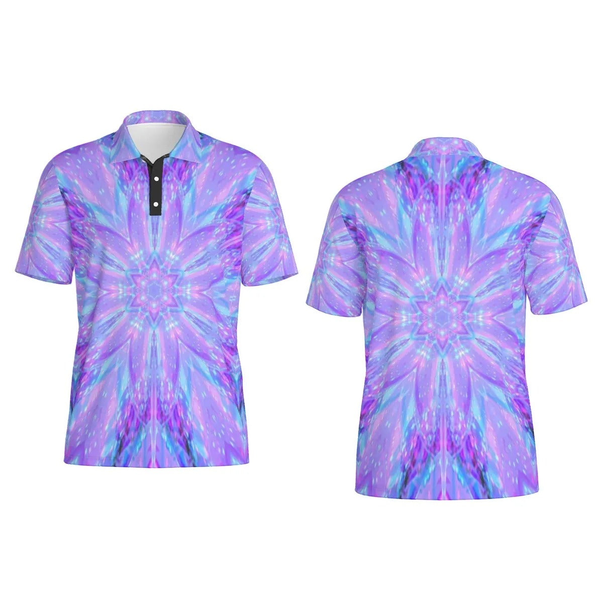 Kaleio Galaxy Men’s Polo Shirt, Trippy Cosmic Mandala Golf Polo, Holographic Space Streetwear, Psychedelic Festival Outfit