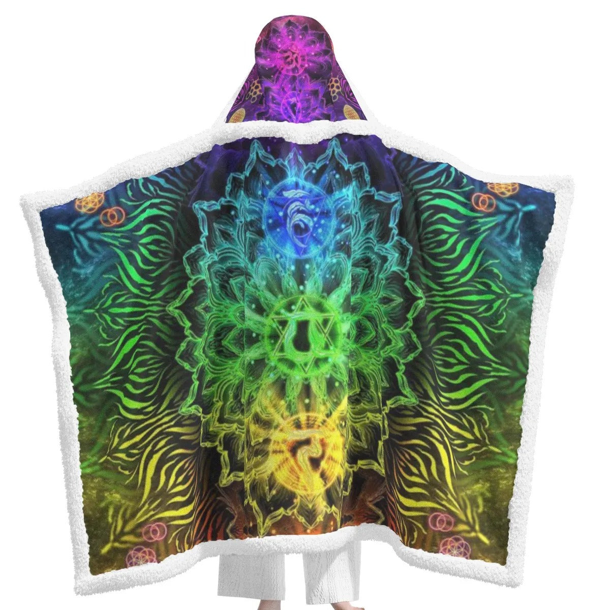 Sacred Chakras Wearable Hooded Blanket – Rainbow Energy Mandala Robe with Spiritual Healing Symbol Design, Graduation Gift, Gift for Him and Her