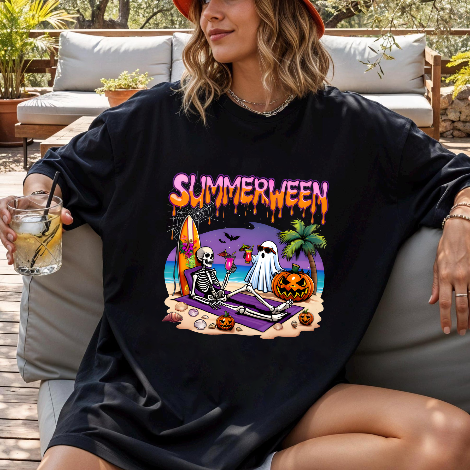 Summerween Skeleton Ghost Beach Funny Spooky Halloween T-Shirt