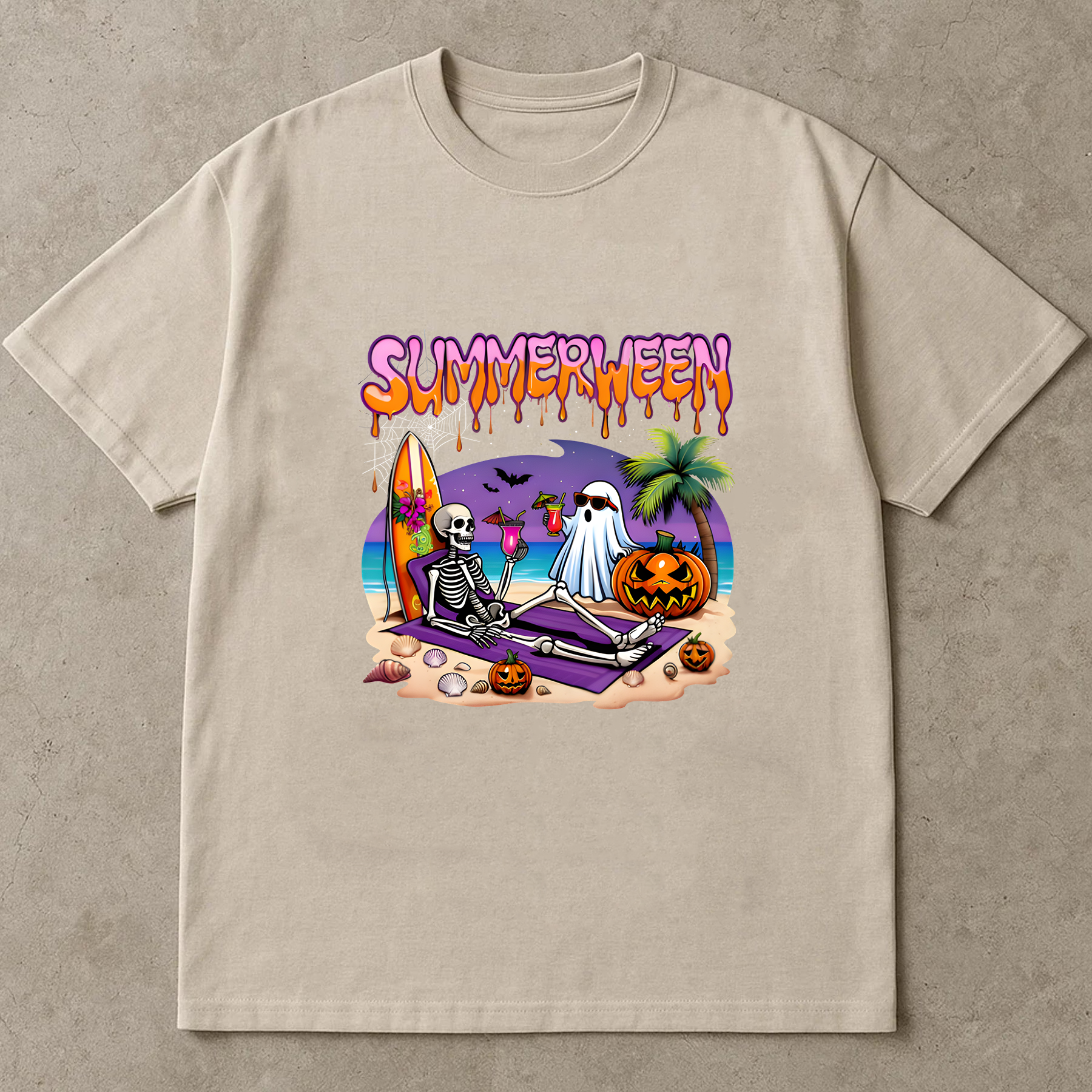 Summerween Skeleton Ghost Beach Funny Spooky Halloween T-Shirt