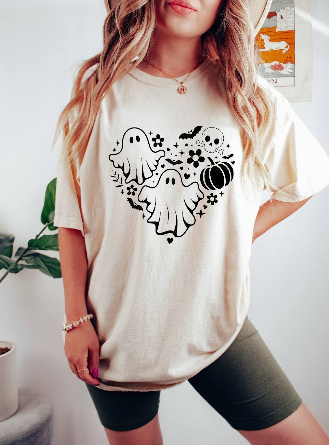 Minimalist Ghost Halloween Shirt, Cute Black and White Ghost Heart Tee, Aesthetic Spooky Season Shirt, Simple Halloween T-Shirt