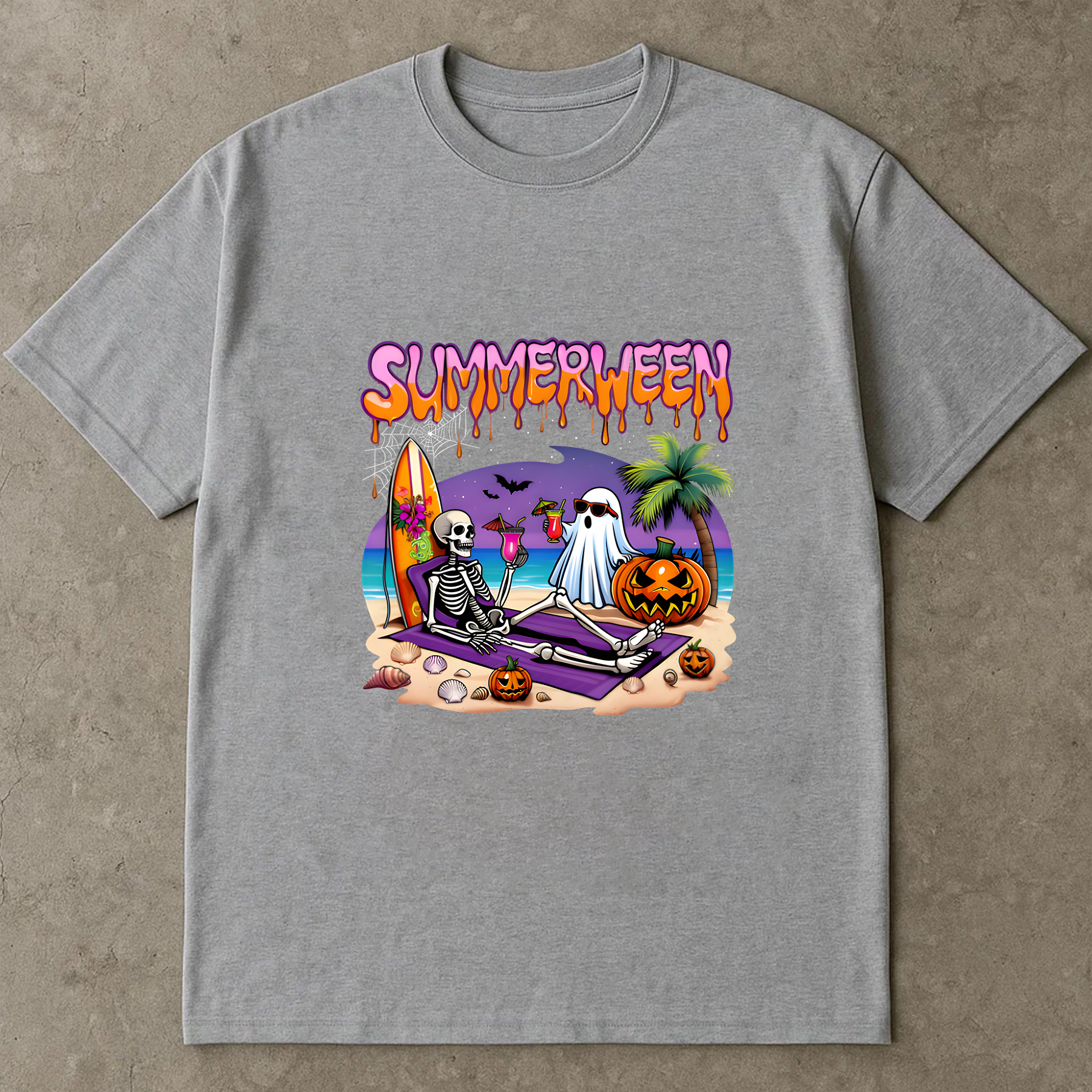 Summerween Skeleton Ghost Beach Funny Spooky Halloween T-Shirt